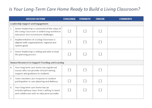 Living Classroom Readiness Checklist, a table with rows and checkboxes 
