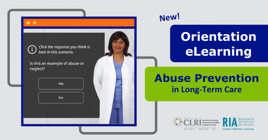 Screenshot of course on the eLearning platform with text “New! Orientation eLearning, Abuse Prevention in Long-Term Care”