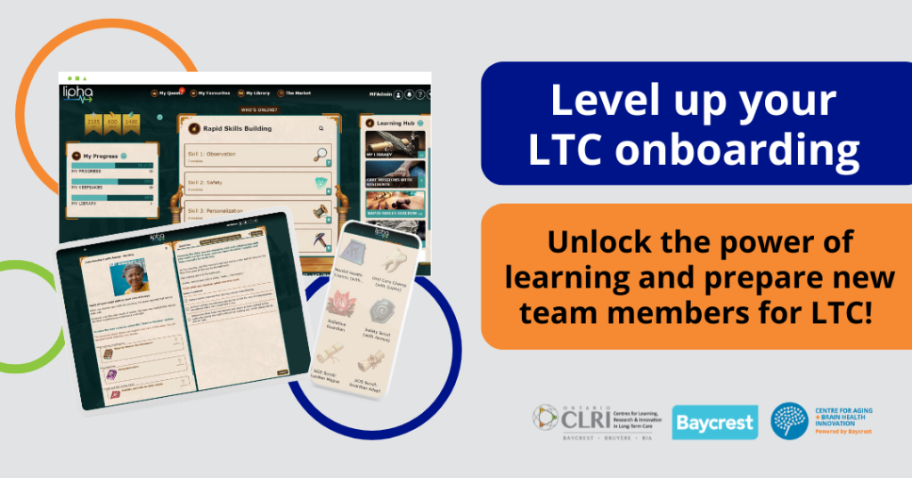A graphic of three screens with virtual training, with the text, "Level up your LTC onboarding. Unlock the power of learning and prepare new team members for LTC!"